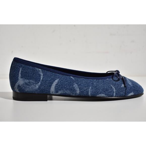 Chanel 23B Printed Denim Blue White CC Logo Bow Tie Ballet Ballerina Flat 36.5 - Picture 2 of 12